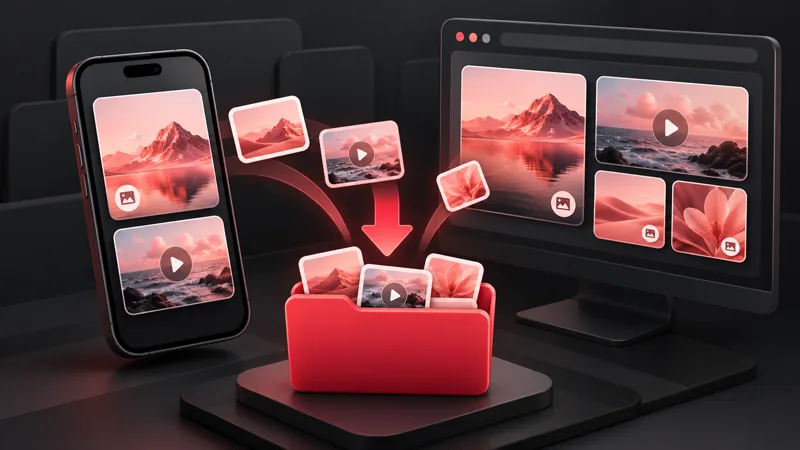 Phone and desktop with Rednote-style photo and video cards being saved to a folder